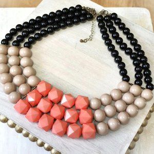 Statement necklace,  beaded mutli row necklace, black, beige and coral necklace